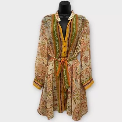 Zara Earth Tone Scarf Print Boho Semi Sheer Long Sleeve Dress W/ Waist Tie XXL • $70