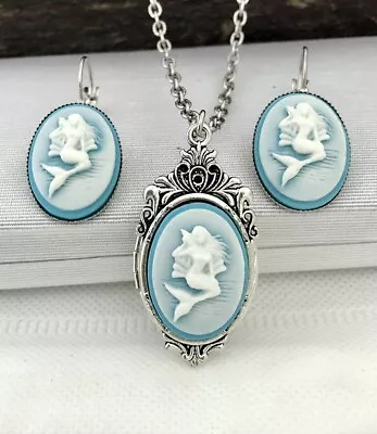 Mermaid Cameo Hidden Locket Necklace Earring Set Silver-plated Pillbox Stash Box • $36.95