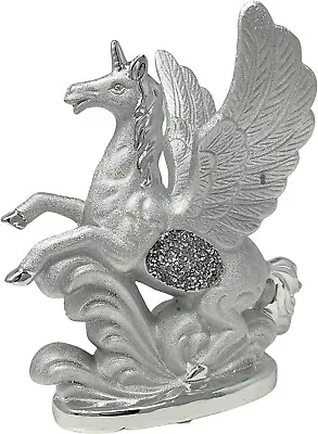 £28.34 • Buy Silver Sparkle Crushed Diamond  Unicorn Crystal Ceramic Ornament Wings Horse