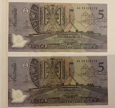 UNC 2 X CONSECUTIVE $5  AUSTRALIAN POLYMER BANKNOTES  Free Post • $39.90