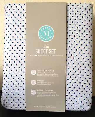 Martha Stewart 4pc King Sheet Blue Polka Dot/White 100% Cotton Percale 200TC NEW • $54