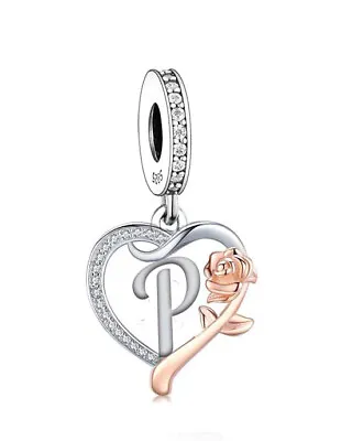 Letter P Name Initial Heart & Rose Dangle Charm 💜 Genuine 925 Sterling Silver • £17
