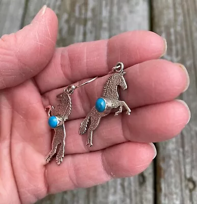 Silver 925 Rearing Horse Dangle Earrings Turquoise 2  Equestrian • $25