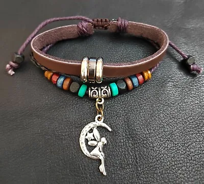 Leather Adjustable Bracelet Fairy On The Moon Charm Friendship Party Gift • £2.99