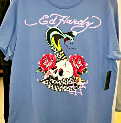 Ed Hardy Mens T-Shirt Rose Cobra Skull Slate Blue Y2K Tee New NWT Size XL • $34