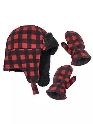 NICE CAPS Toddler Boys Baby Buffalo Plaid Fleece Trooper Hat Mitten Winter Set • $16.99