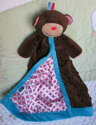 Mud Pie Monkey Brown Minky Dot Plush W Satin Lovey Baby Toy W Teal Edge 14  EUC • $42.49