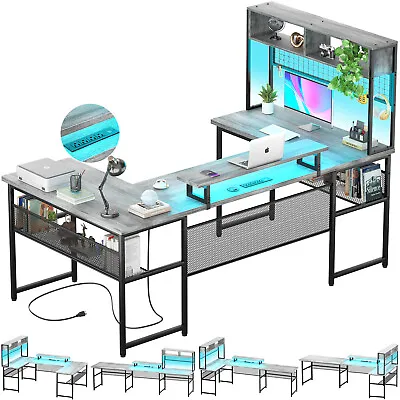 U Shaped Gaming Desk Reversible Computer Desk With Power Outlet And LED Lights • $249.99