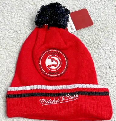 Atlanta Hawks Beanie Hat Red Adult Mitchell Ness Knit Winter Cuff Pom Cap NEW • $19.92
