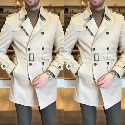 Fashion Men Suit Beige Long Coat+Pant Belted Formal Double Breasted For Wedding • $97.89