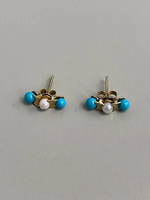 9ct Gold Turquoise & Pearl Stud Earrings • £40