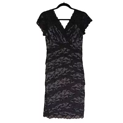 $170 MARINA Gray Black Scallop Layered Lace Short Sleeve Beaded Cocktail Dress 4 • $67.49