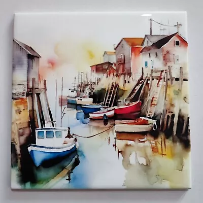 Ceramic Tile Picture Tile Photo Art Tile Watercolour Fishing Boats Harbour Decor • £19.99