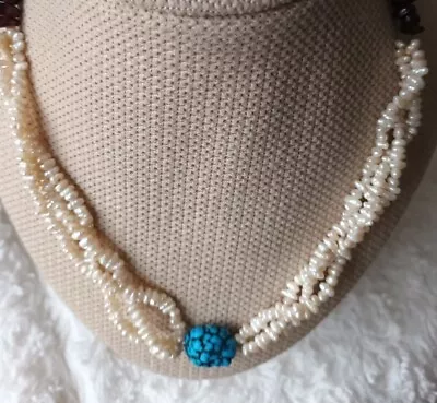 £6.99 • Buy Natural Pearl Turquoise & Garnet Necklace 18  Screw Clasp