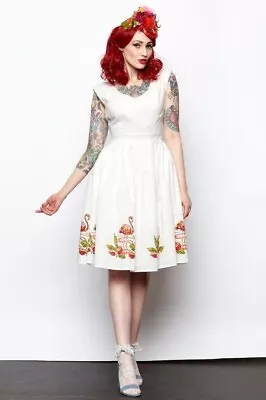 Revival White & Pink Flamingo Dress Size 12 Retro Swing Rockabilly Vintage Style • $34.90