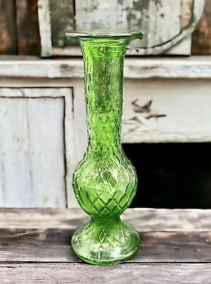 Vintage 7 1/2  E.O. Brody Co. Glass Diamond Pattern MCM Bud Vase Green #920 USA • $12.95