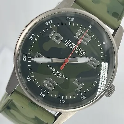 Prestige Medical Watch Unisex 40mm Green Camouflage Band Silver Tone NEW BATTERY • $29.99