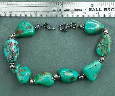 Vintage Sterling Silver Chunky Turquoise Beaded Bracelet 7.5  Stamped GSJ CN 925 • $9.99