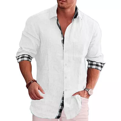 Men's Cotton Linen Plaid Shirt Button Long Sleeve Casual Work Loose T-Shirt Tops • $20.39