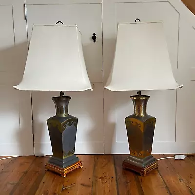 Pair Of 2 Large Oriental Metal Lamps Shades Silver Brass Wooden Base Lamp Light • $559.51
