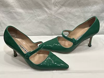 $700+ Manolo Blahnik Kelly Green Patent Leather Campari Mary Jane Stiletto Pumps • $119