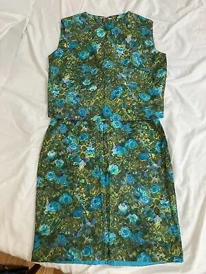 VTG Handmade 60s 70s 2 PC Skirt Suit EUC XS/S Floral Groovy Blue Green Mad Men • $34.99