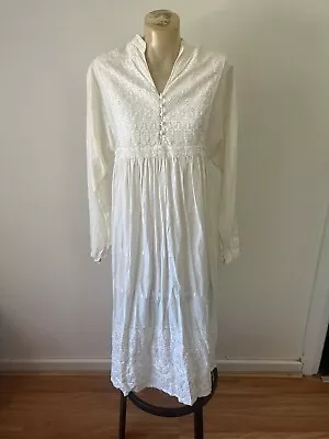 Vintage Indian Cotton White Broderie Embroidered Dress 8-12 • $125