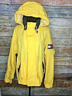 Vintage 90s Tommy Hilfiger Spellout Flag Jacket Hidden Hood Yellow Large Y2K • $57