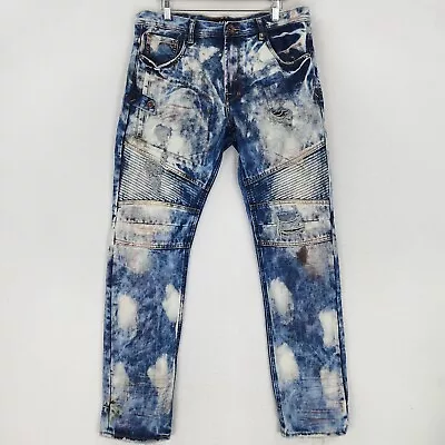 Akoo Jeans Mens 34X31 Blue White Slim Straight Leg Bleached Moto No Rivals Denim • $44.92