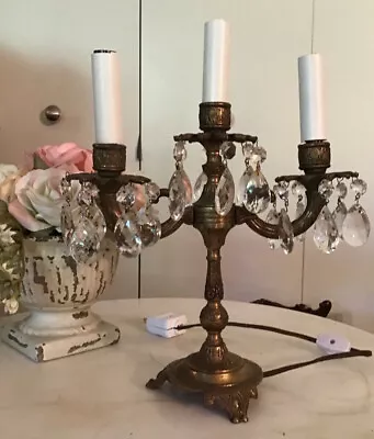 $120 • Buy Vintage Table Three Arm Candelabra Crystal Prisms