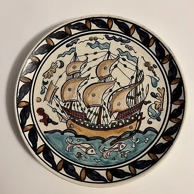 VTG Hand Painted Sailing Ship Boat And Fishes Plate Made In Rhodes Greece 6.75 D • $20