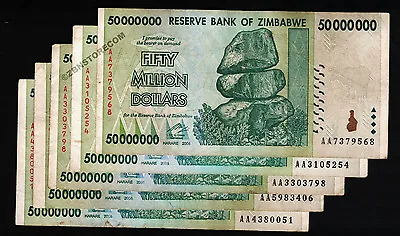 5 X 50 Million Zimbabwe Dollars Bank Notes AA 2008 Currency Paper Money Lot 5PCS • $30.33