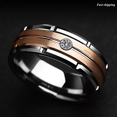 8mm Silver Tungsten Ring Rose Gold Brushed Diamond ATOP-LUXURY Men Wedding Band • $29.44