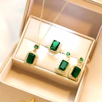 Gold Crystal Rhinestone Necklace Pendant Ring And Earrings Peacock Green Set UK • £5.79