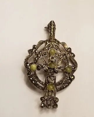 Vintage IRISH Sterling Silver And Jade Celtic Pin Brooch W/ Jade And MARCASITES • $24.99