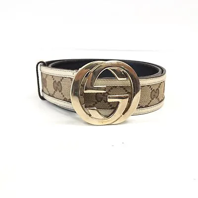 Gucci GG Logo Interlocking Belt Canvas Ivory Brown Size 80 32 Authentic 11682 • $170