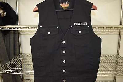 Harley Davidson Vtg Vest Black Denim Jean Men's Small • $15