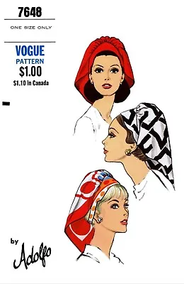 Vogue # 7648 Designer ADOLFO Scarf Hat Cap Fabric Sewing Pattern Chemo Alopecia  • $5.49
