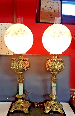 2 Vintage  Banquet Lamps  Rare Matching Pair 9  Floral Globes 32  Tall Unk Maker • $425