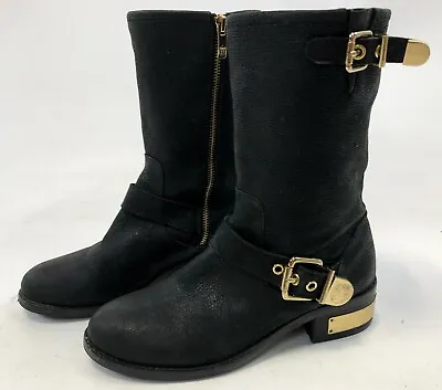 VINCE CAMUTO WINCHELL Pebbled Black Leather Strap Moto Motorcycle Boots 7.5 M • $56.99