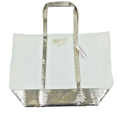 BNWT Victoria Secret Tote Bag Champagne Gold Sparkle Sequin Cream White Canvas • $34.89