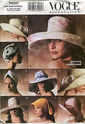 Vogue Sew Pattern 7600 Vintage 4 Style Fashion Sun Hats Headwrap Sun Brim Turban • $24.99