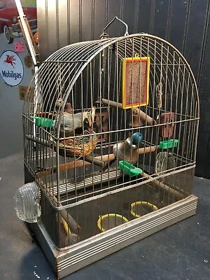 Vintage CROWN Art Deco Hanging Round Top Wire Bird Cage - W/Extra Toys 14x15x7.5 • $67.99