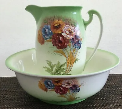 Antique / Vintage Washstand Jug And Bowl - Green Floral Anemone Corn Leaves • £23.99