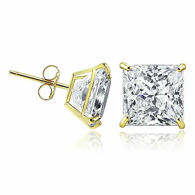 14K Solid Yellow Gold Square Princess Cubic Zirconia Push Back Ear Stud Earrings • $27.99