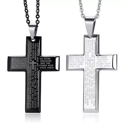 2pcs Men's Stainless Steel Cross Pendant English Bible Lord's Prayer Necklace • $13.99