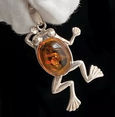 Vintage Baltic Amber Sterling Silver Belly Frog Pendant 1.75in Poland AP 925 • $64