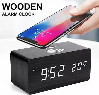 Wooden LED Digital Alarm Clock With Wireless Charging Pad Bedside Bedroom AU • $38.99