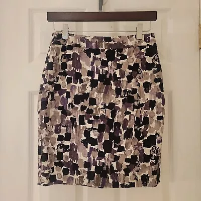 Ann Taylor Pencil Skirt Size 0P Petite Purple Lilac Cream Brushstroke Slit Lined • $11.49