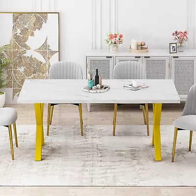 Modern Square Dining Table With Printed Marble Table Top And Gold X-Shape Leg • $478.86